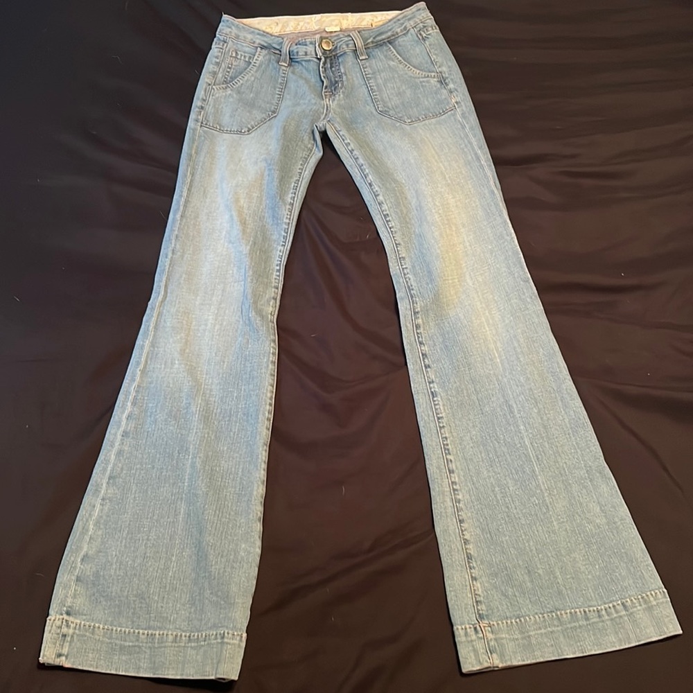 Miss Me - Remembrance. Low rise, flare leg, light denim.